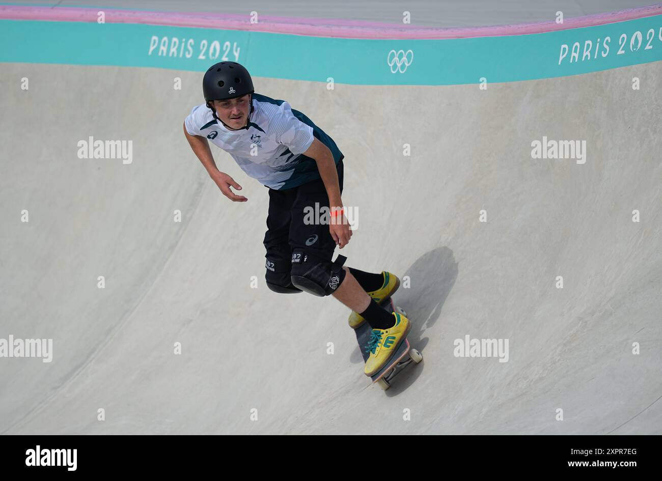 August 07 2024: Keefer Wilson (Australia) competes during the skateboard men's park final on Day 12 of the Olympic Games at La Concorde, Paris, France. Ulrik Pedersen/CSM. Stock Photo