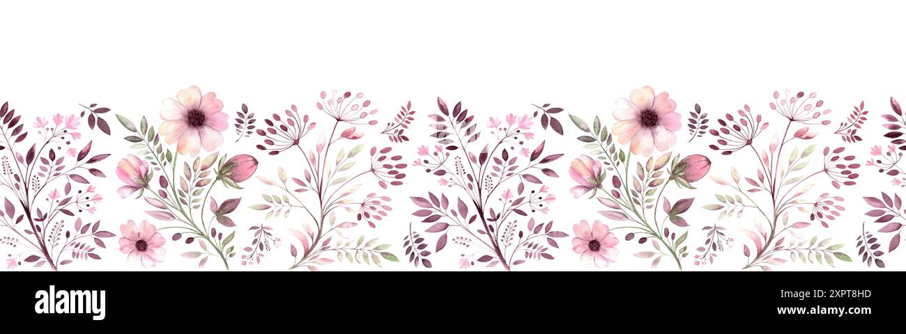 Seamless border Field Flowers. Watercolor illustration of plant pattern in the form of flowers, buds, leaves and dill. Illustration is hand drawn, suitable for postcards, embroidery, clipart, textiles and decor, packaging and scrap paper. Stock Photo