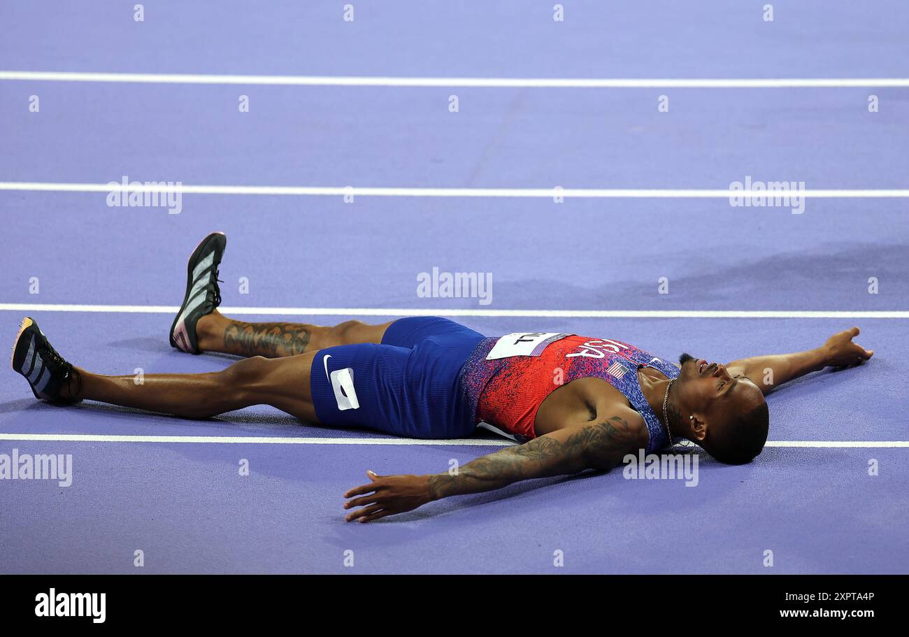 Paris, France. 7th Aug, 2024. Quincy Hall of the United States reacts ...