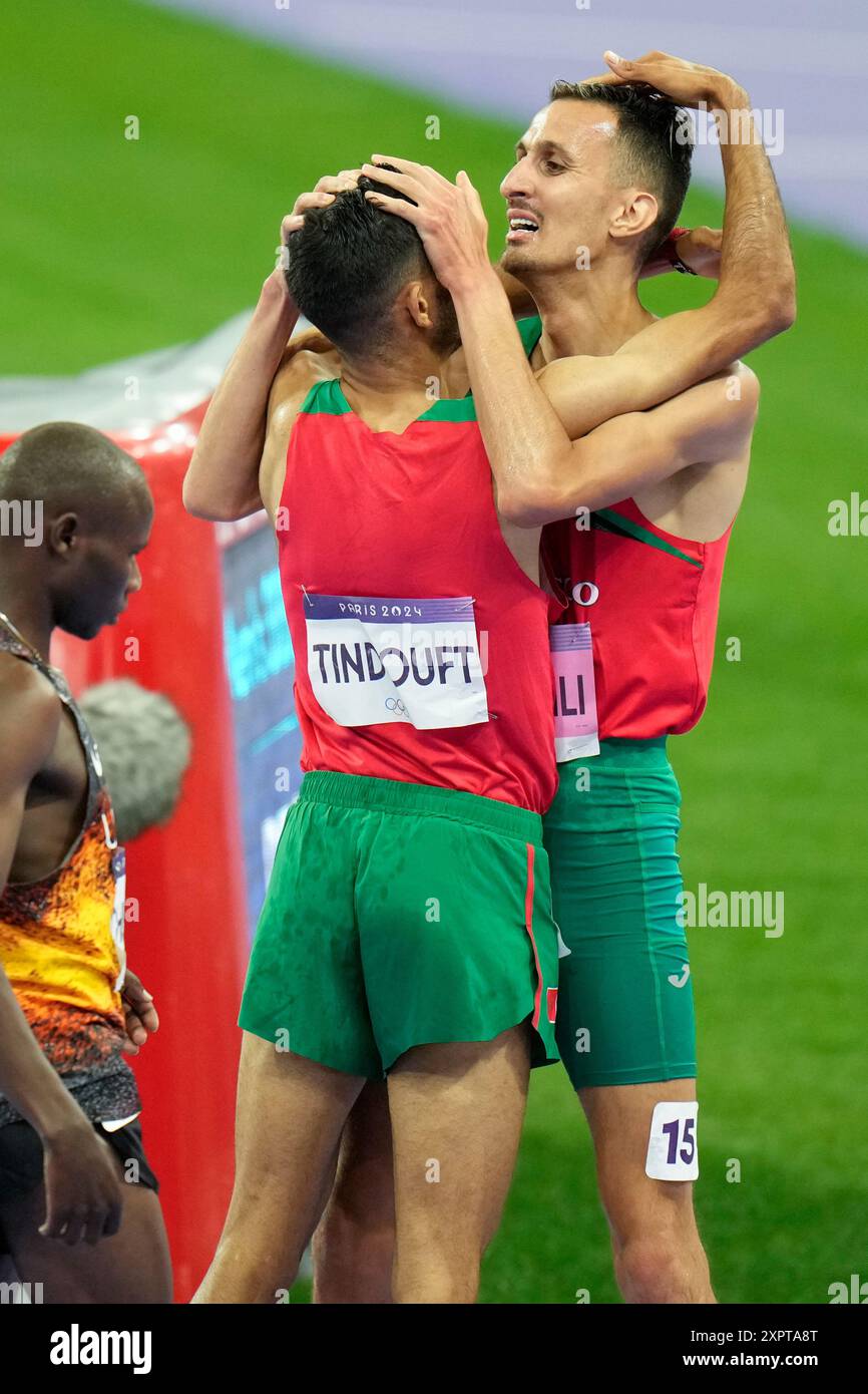 Soufiane El Bakkali, of Morocco celebrates with Mohamed Tindouft after