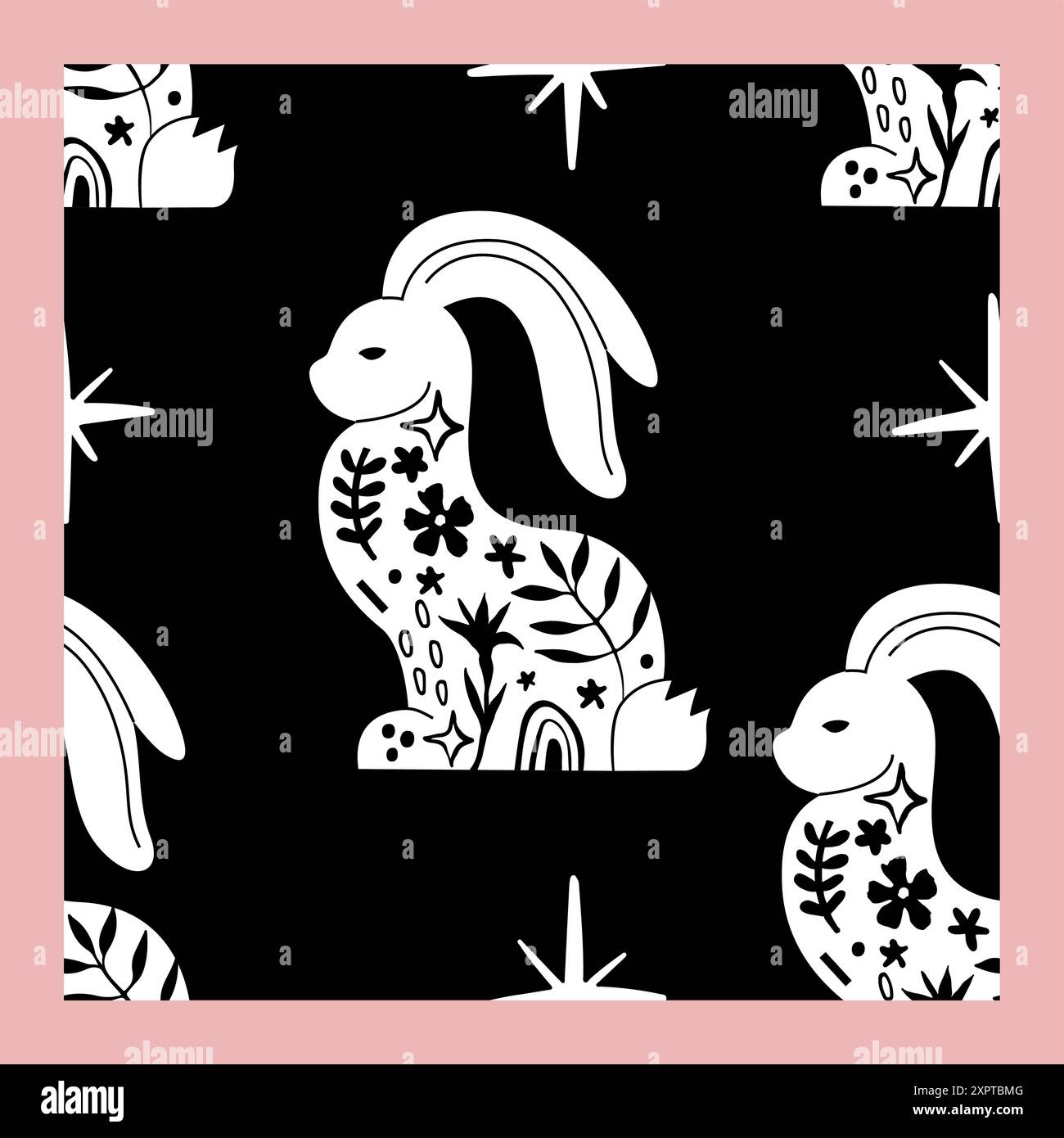 Black and White Happy Easter Linocut Seamless Pattern Stock Vector