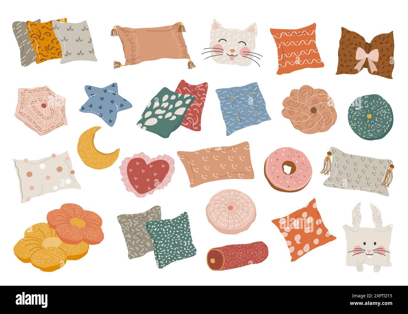 Set of Textile Patterned Pillows in Boho style. Stock Vector