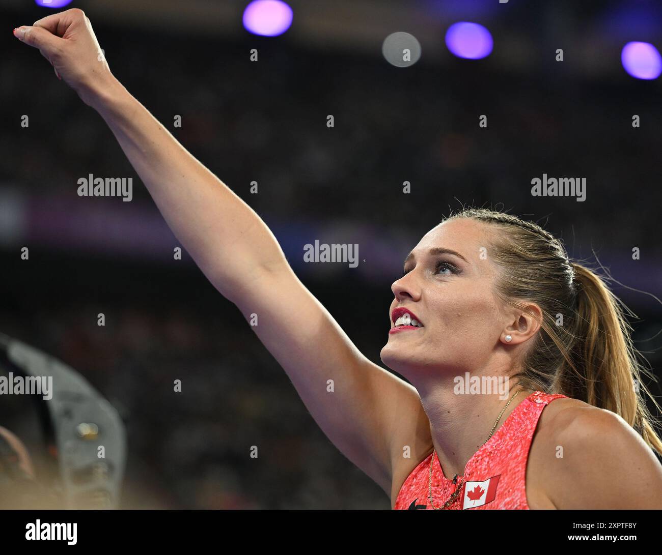 Paris, France. 7th Aug, 2024. Alysha Newman of Canada reacts after the