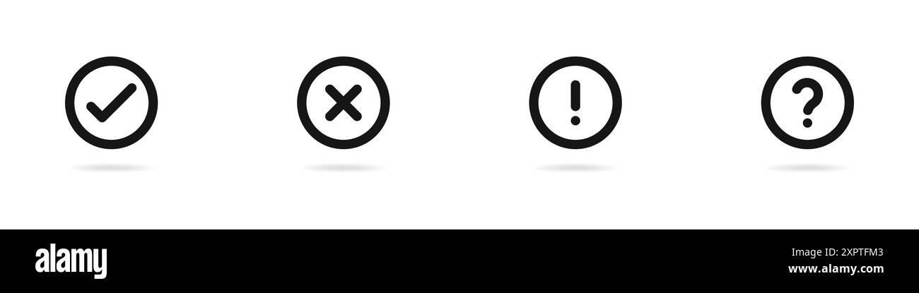 Vector icon set of check mark, exclamation point, question, cross in a circle. A set of punctuation marks. A simple set of attention signs. Vector Stock Vector