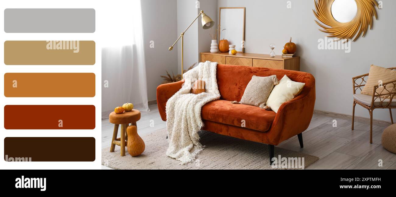 Interior of living room with pumpkins and sofa. Different color ...