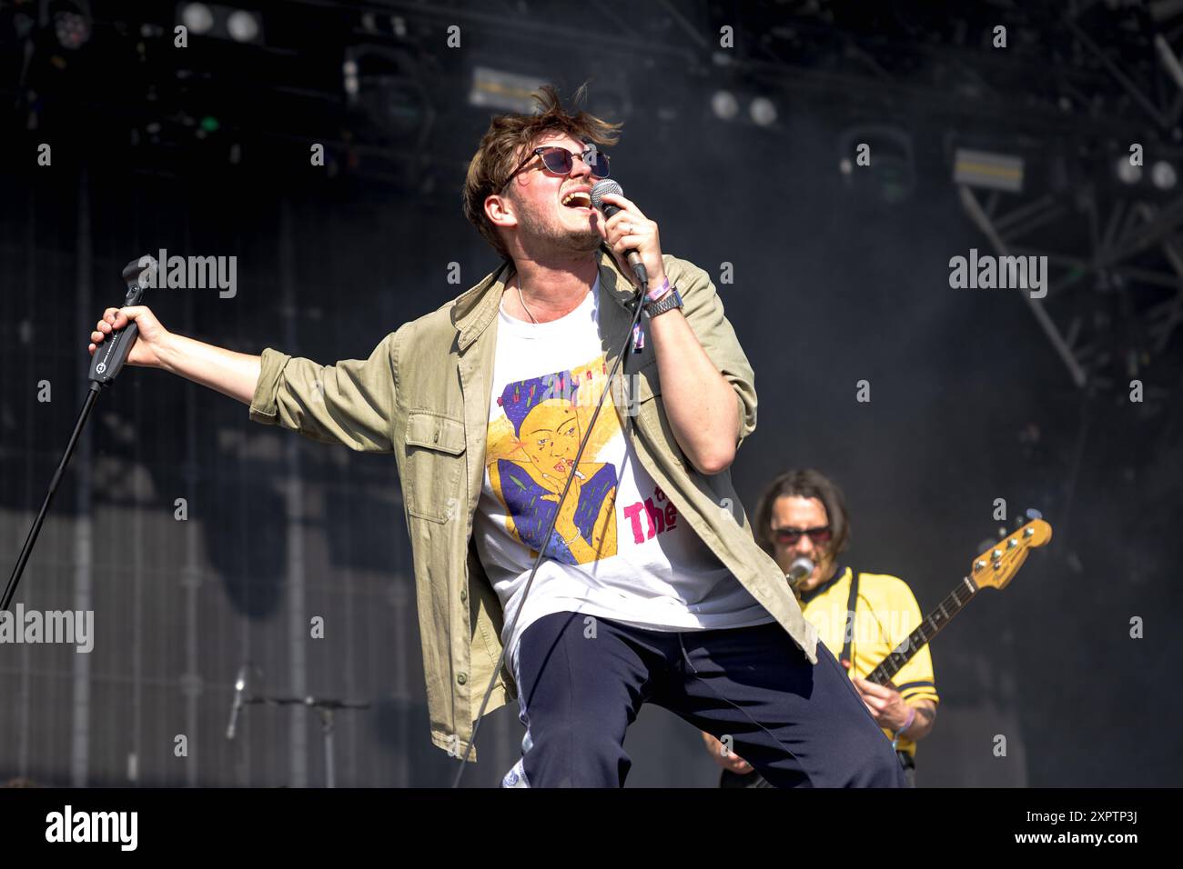 James Smith vocalist and front man of Leeds band Yard Act play at Bearded Theory festival, Derbyshire, May 2023 Stock Photo