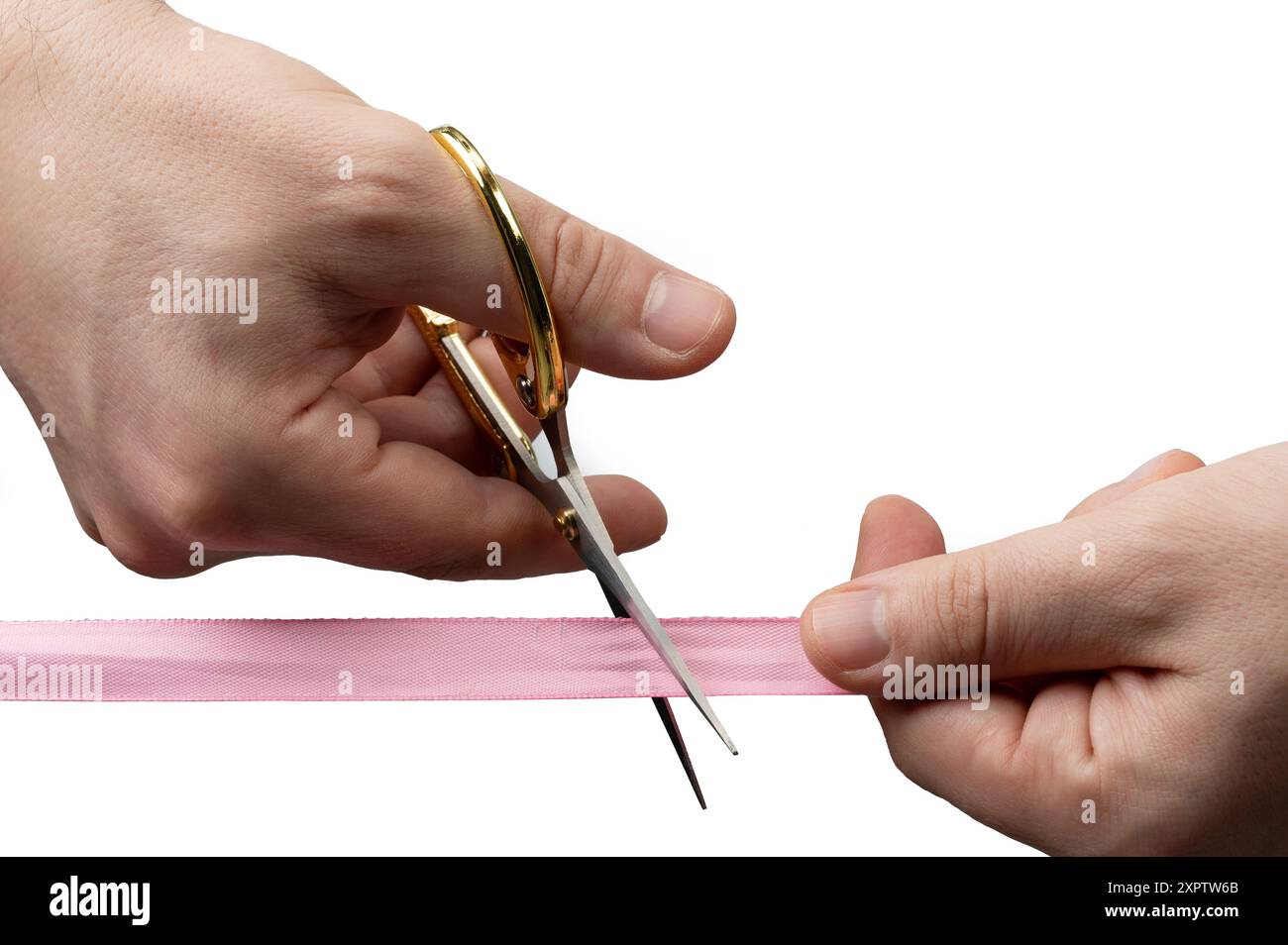 Open business presentation theme. Cut pink ribbon with golden scissors Stock Photo