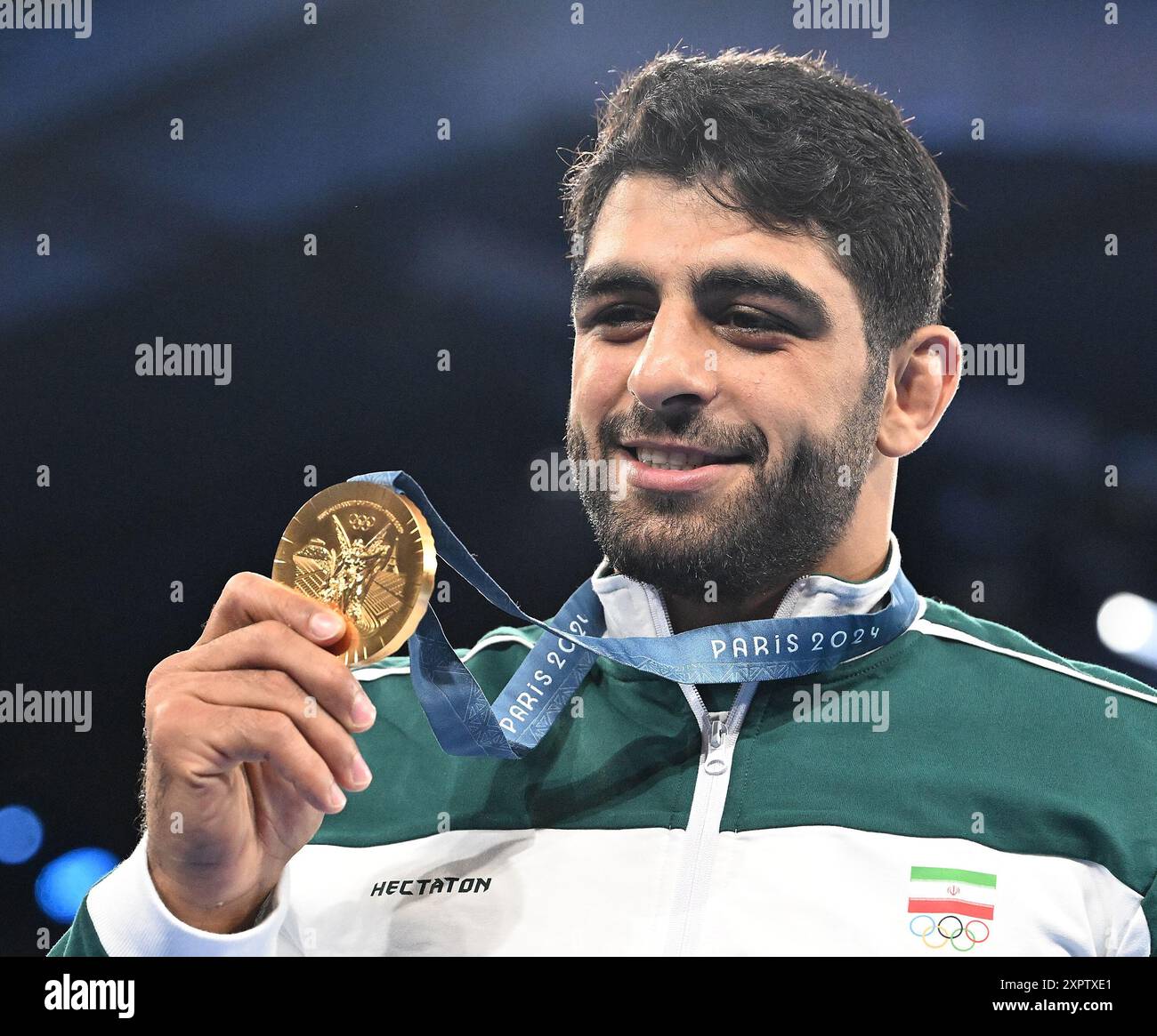 Paris, France. 7th Aug, 2024. Gold medalist Mohammadhadi Saravi of Iran ...