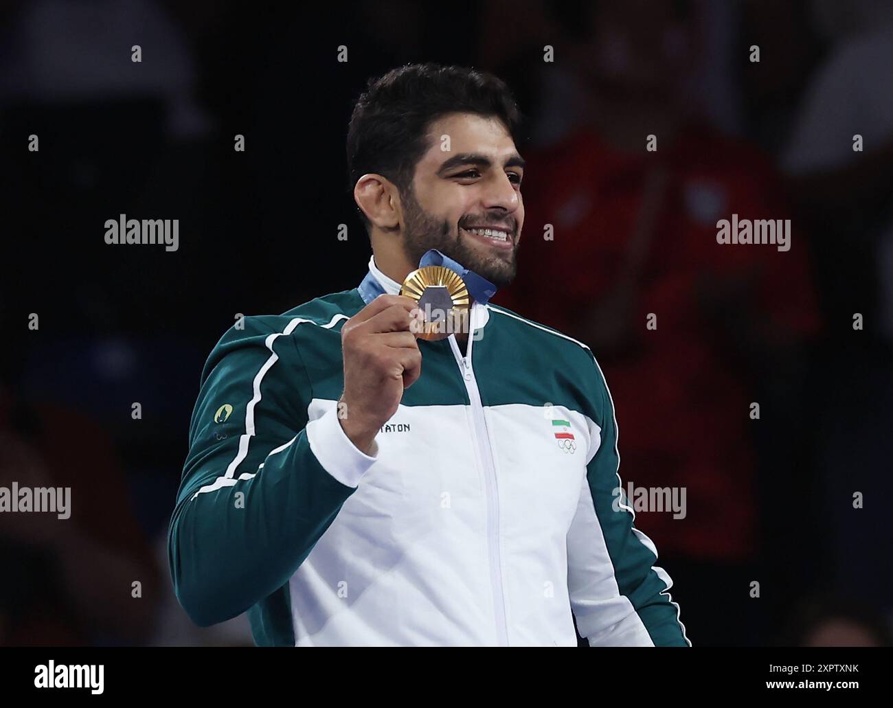 Paris, France. 7th Aug, 2024. Gold medalist Mohammadhadi Saravi of Iran ...