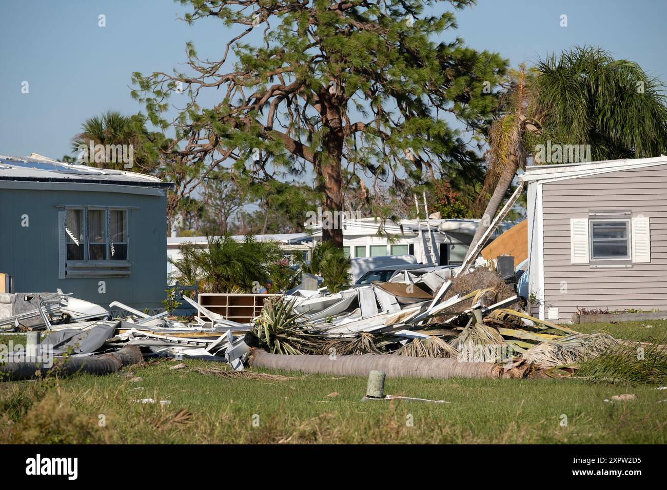 Severely damaged houses after hurricane Ian in Florida mobile home ...
