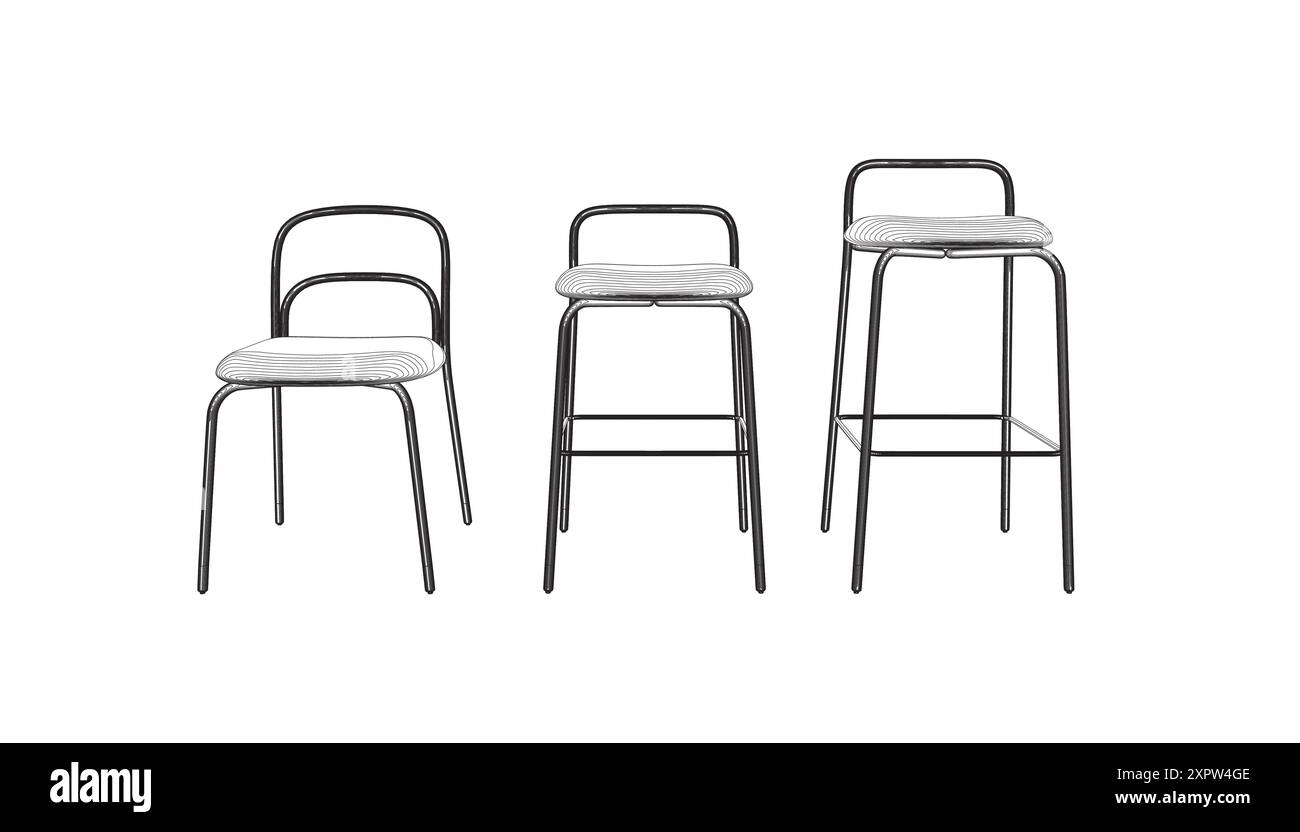 Vector illustration Bar stool icons set of contours. Chair bench. Club furniture. Front view. Stock Vector