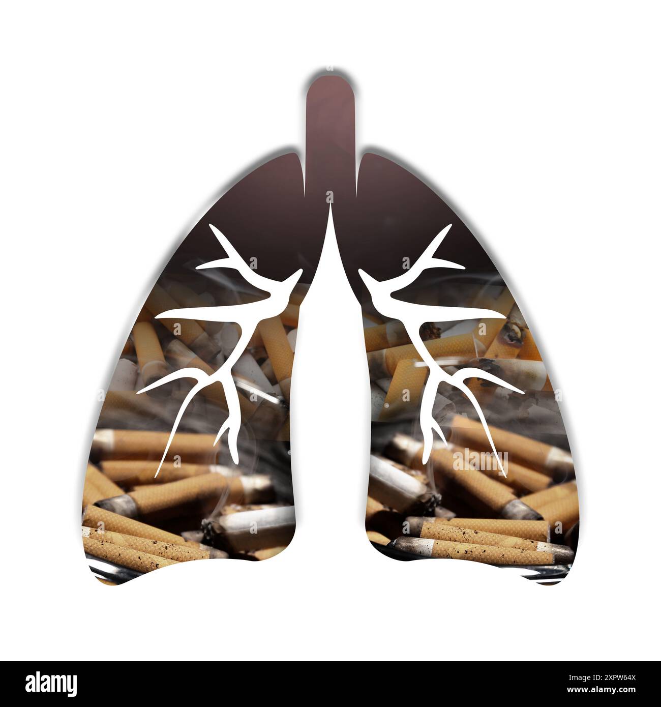 Illustration of lungs with cigarette butts on white background Stock Photo