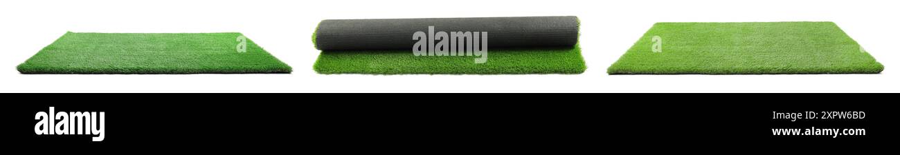 Green artificial turf isolated on white, set Stock Photo