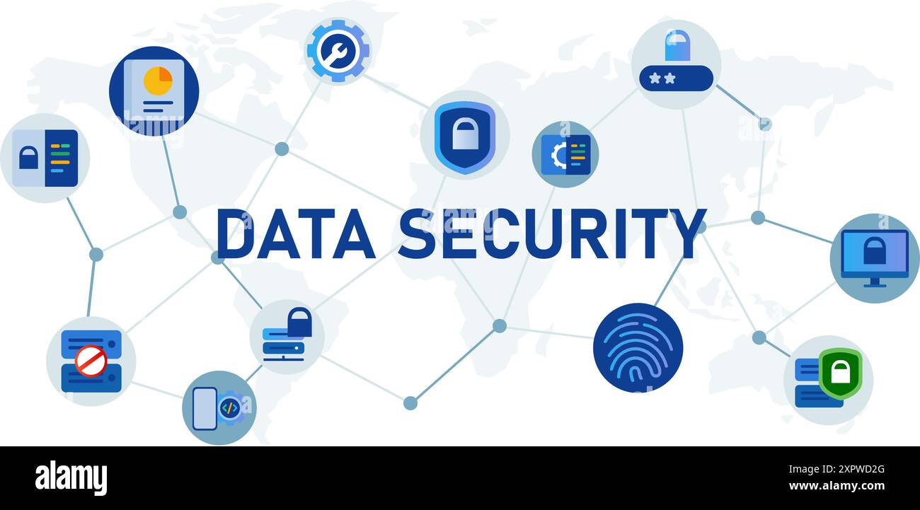 data security protection server center private access technology malware virus encryption firewall safe lock icon set design Stock Vector