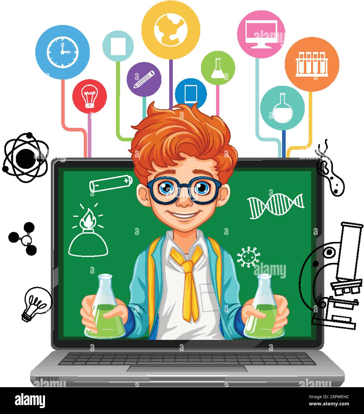 Child with lab equipment on laptop screen Stock Vector
