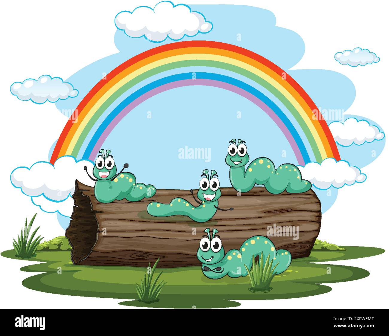 Caterpillars on log with rainbow background Stock Vector