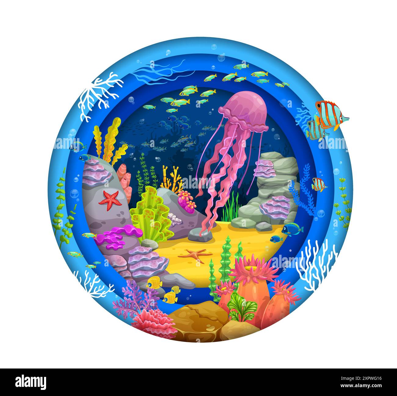 Paper cut underwater landscape with tropical fishes and undersea ...