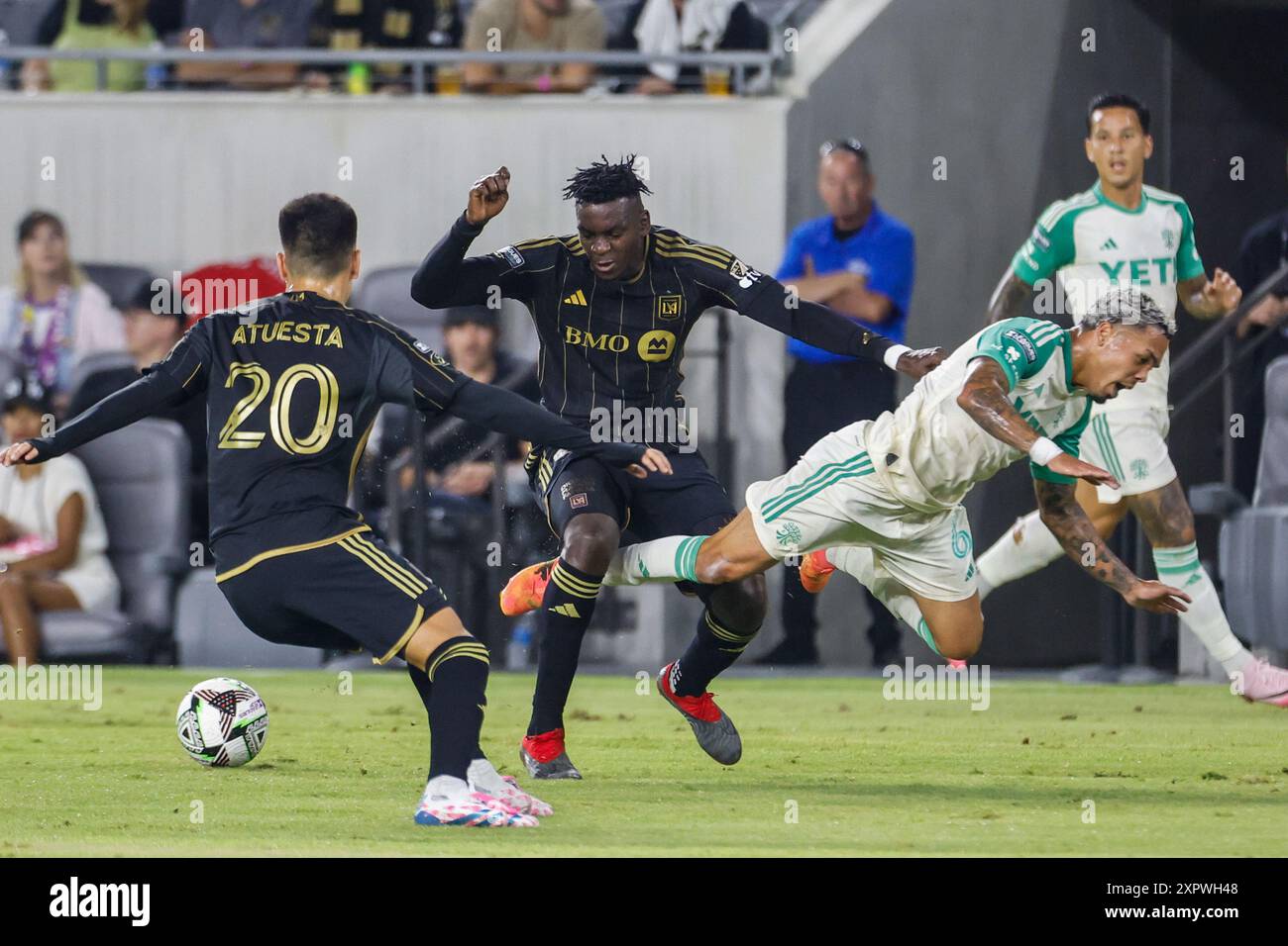 Los Angeles, United States. 07th Aug, 2024. Los Angeles FC's Jesús Murillo (C), Eduard Atuesta (L) and Austin FC's Daniel Pereira (R) vie for the ball during a Leagues Cup match at BMO Stadium. Los Angeles FC won against Austin FC 2-0 Credit: SOPA Images Limited/Alamy Live News Stock Photo