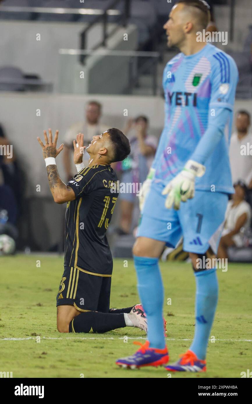 Los Angeles, United States. 07th Aug, 2024. Los Angeles FC's Cristian Olivera (L) celebrates after scoring against the Austin FC during a Leagues Cup match at BMO Stadium. Los Angeles FC won against Austin FC 2-0 (Photo by Ringo Chiu/SOPA Images/Sipa USA) Credit: Sipa USA/Alamy Live News Stock Photo