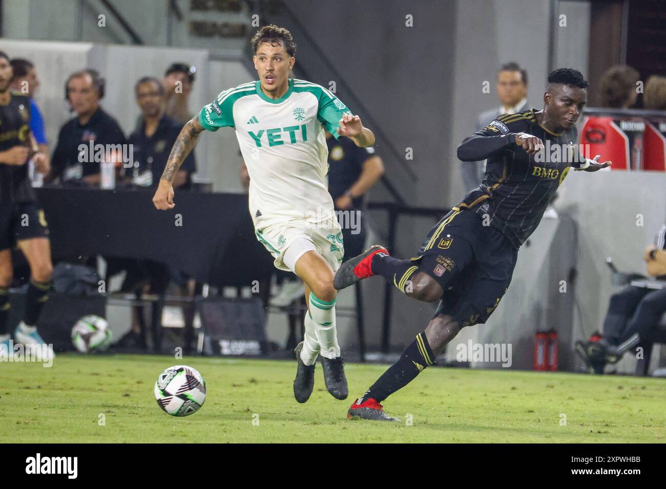 Los Angeles, United States. 07th Aug, 2024. Austin FC's Guilherme Biro (L) and Los Angeles FC's Jesús Murillo (R) vie for the ball during a Leagues Cup match at BMO Stadium. Los Angeles FC won against Austin FC 2-0 (Photo by Ringo Chiu/SOPA Images/Sipa USA) Credit: Sipa USA/Alamy Live News Stock Photo