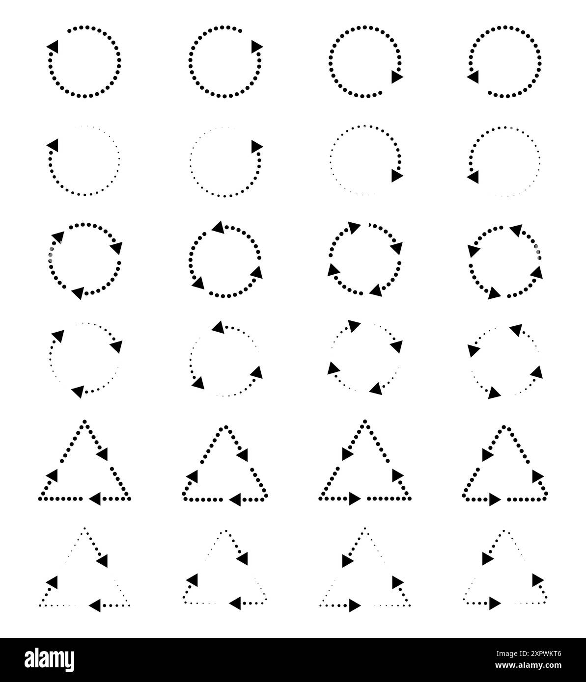 Dotted refresh icon or symbol, restart icon circle arrow symbolizes vector. Recycling icon set. Stock Vector