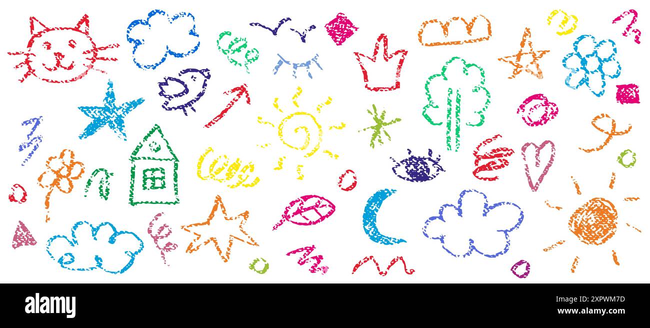Colorful charcoal doodle shapes and squiggle. Crayon pencil drawings ...