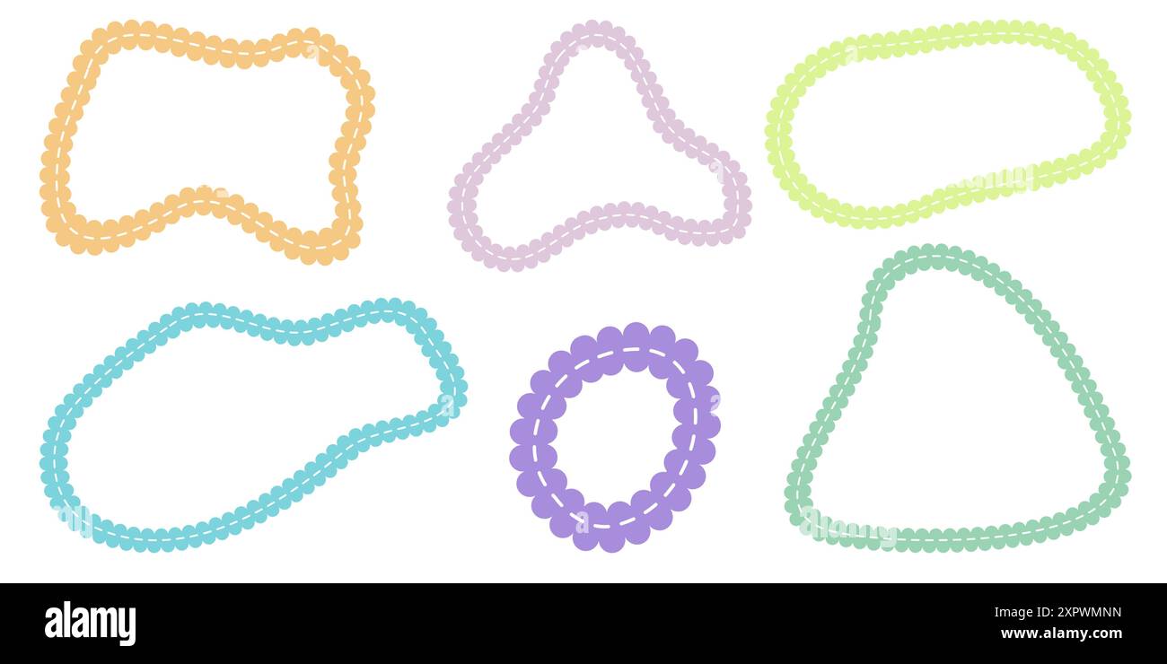 Hand drawn scalloped frames with dashed stitches. Stock Vector