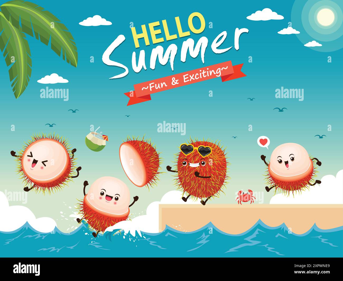 Vintage food poster design with Rambutan character summer beach Stock Vector