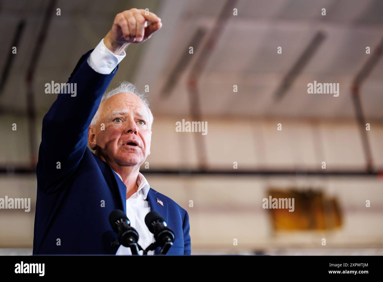 Romulus, USA. 07th Aug, 2024. Minnesota Gov. Tim Walz speaks at a rally ...