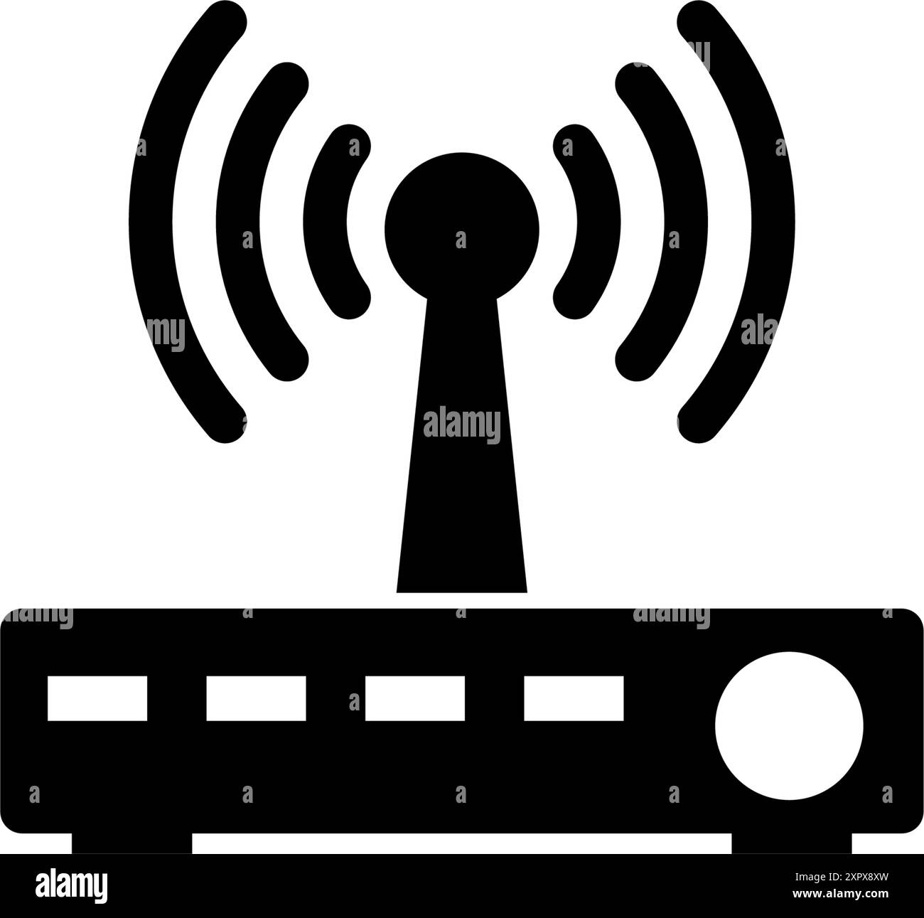 Black vector icon of a wireless router emitting signal waves. Stock Vector