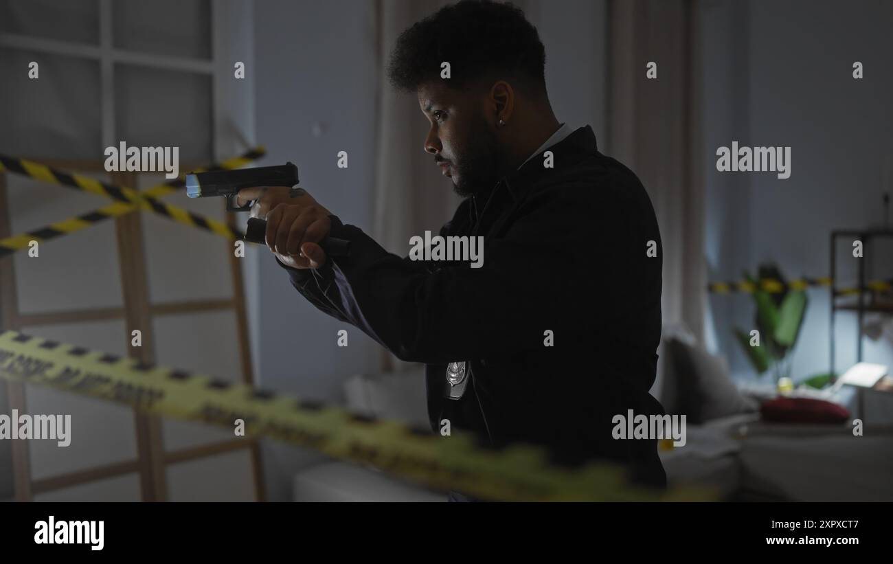 Robber Search African american detective with firearm searches crime scene indoors ...