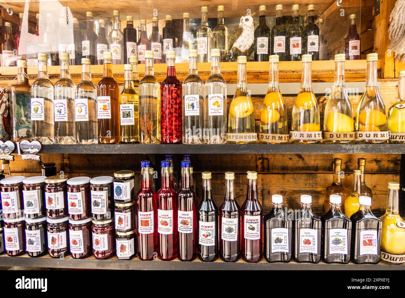Raksi, honey for sale in the public market, Old Town, Kotor, Montenegro Stock Photo