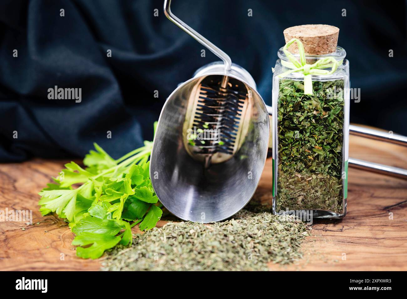 Curley leaf parsley, Parsley (Petroselinum crispum), fresh leaf and rubbed in a glass, with hebr mill Stock Photo