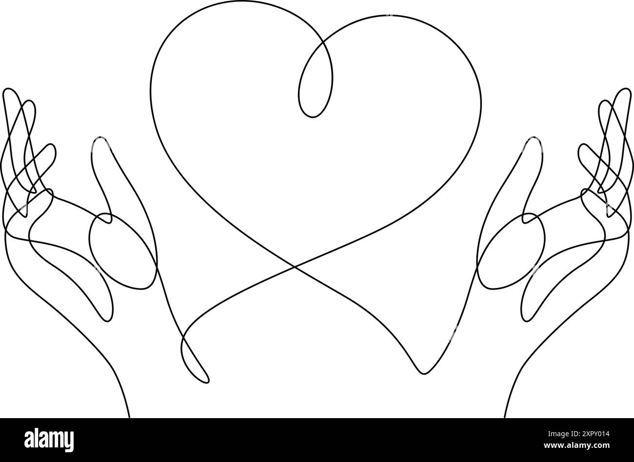 love caring two hands and heart shape one line drawing vector illustration Stock Vector