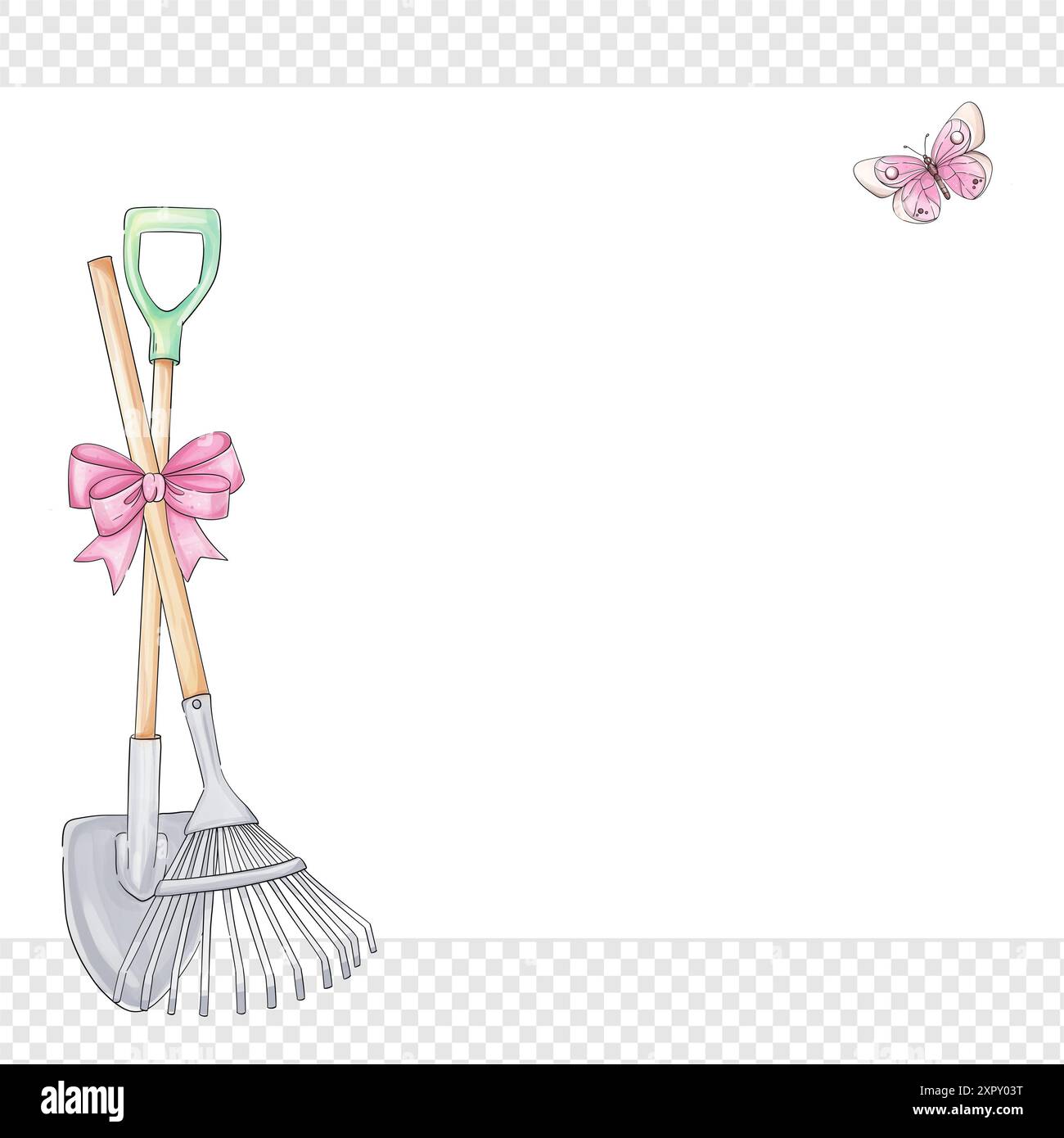 Watercolor spring template. Hand draw border with garden tools - showel ...