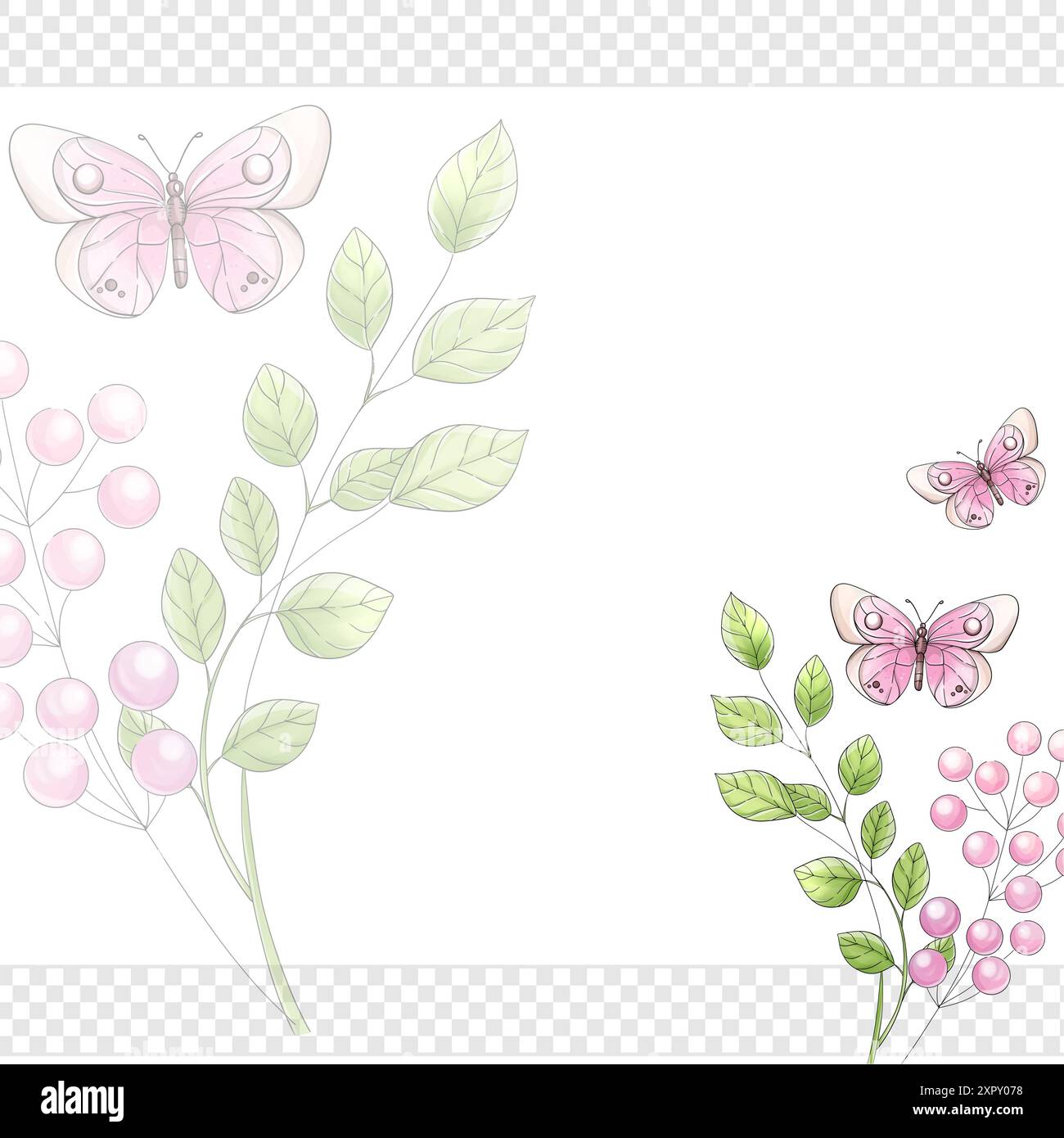 Spring Border Hand Drawing Watercolor spring template. Hand draw garden border with butterfly and ...