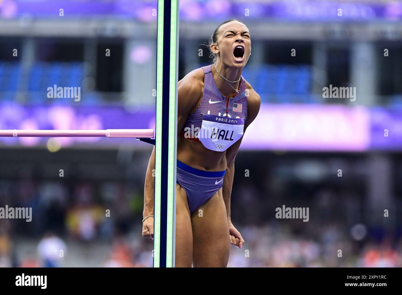 Paris, France. 08th Aug, 2024. US' Anna Hall reacts during the high jump, second event of the women's heptathlon at the athletics competition at the Paris 2024 Olympic Games, on Thursday 08 August 2024 in Paris, France. The Games of the XXXIII Olympiad are taking place in Paris from 26 July to 11 August. The Belgian delegation counts 165 athletes competing in 21 sports. BELGA PHOTO DIRK WAEM Credit: Belga News Agency/Alamy Live News Stock Photo