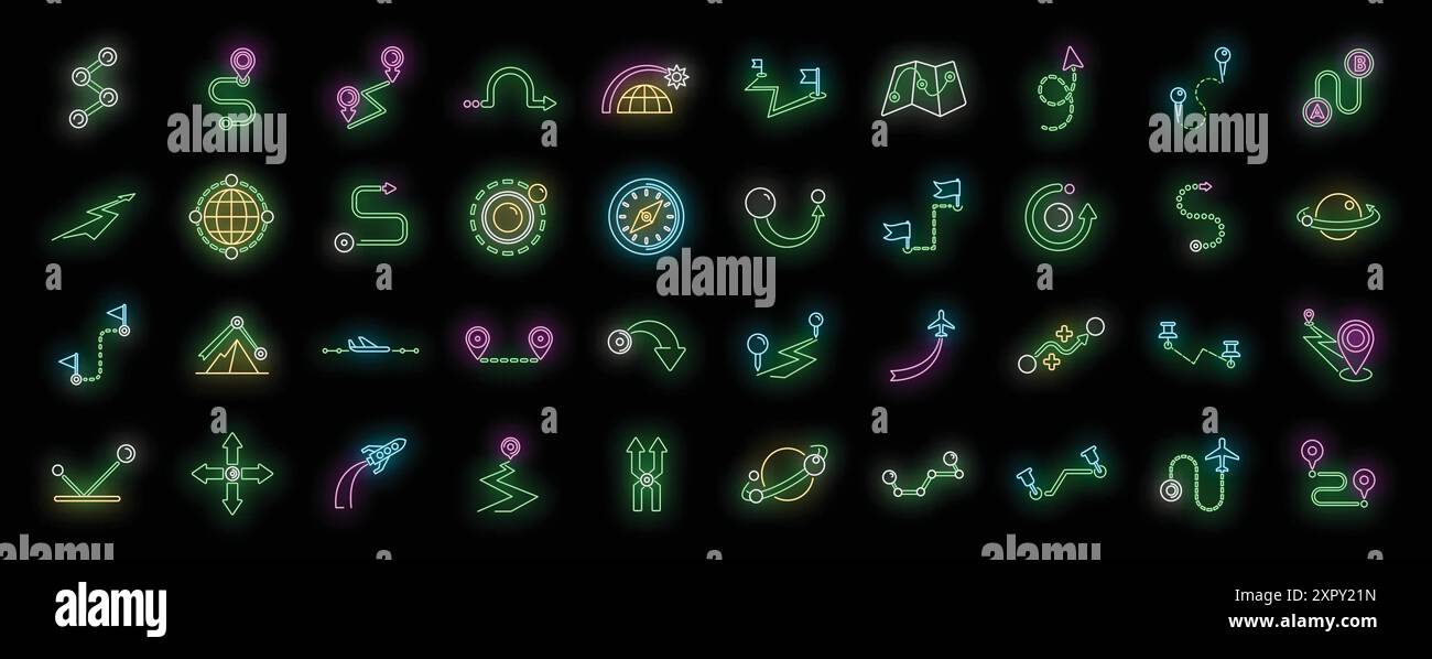 Trajectory icons set outline vector. Road compass. Earth gps neon color ...