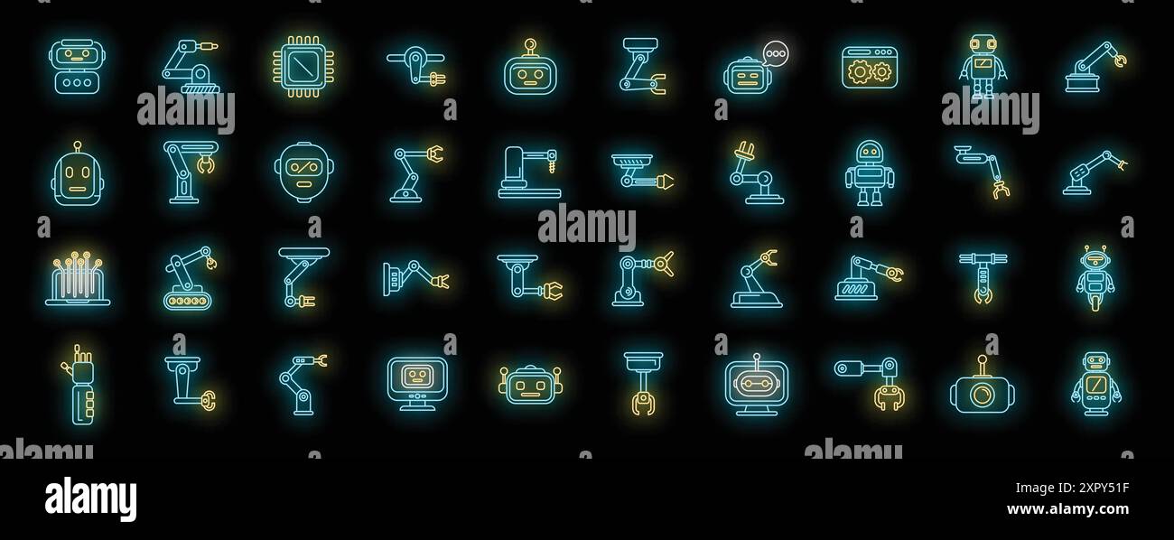 Robotics icons set outline vector. Smart tech. Bot future neon color on ...