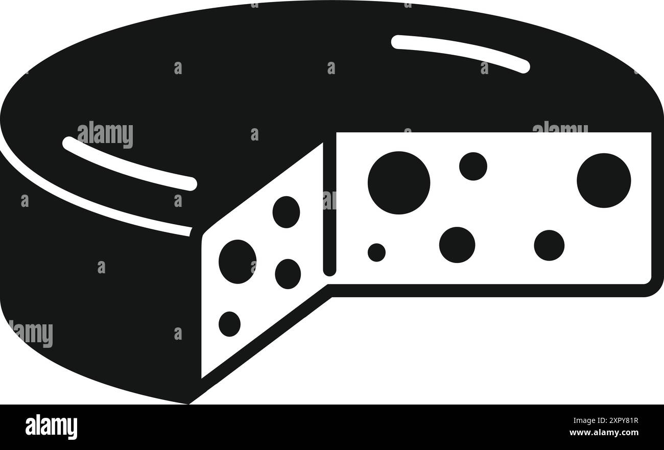 Black and white icon of a round cheese wheel with a slice cut out ...