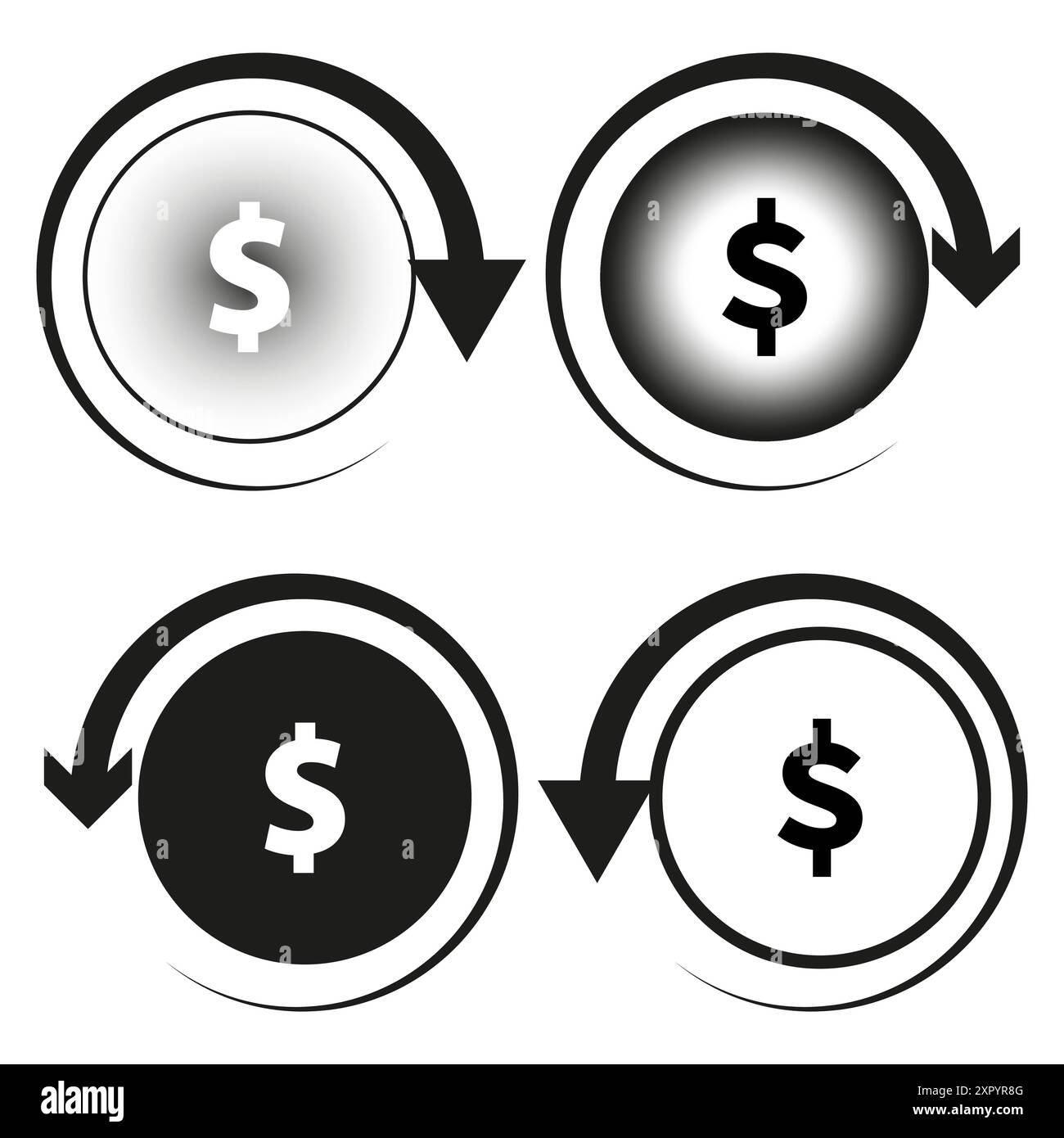 Dollar sign icons. Circular arrows. Monochrome gradients. Vector elements. Stock Vector