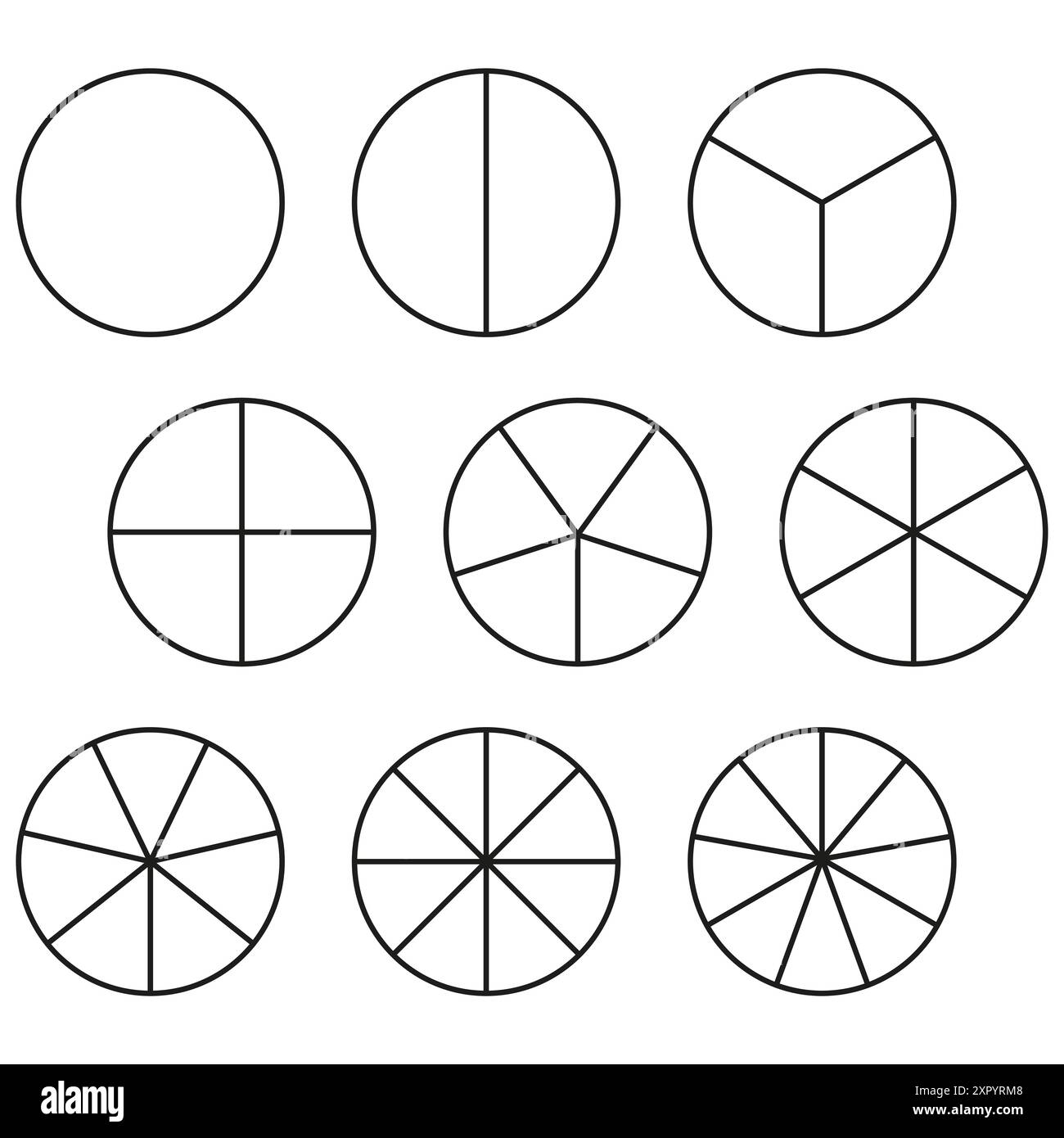 Circle segment diagrams. Pie chart symbols. Vector circular shapes. Divided circle icons. Stock Vector