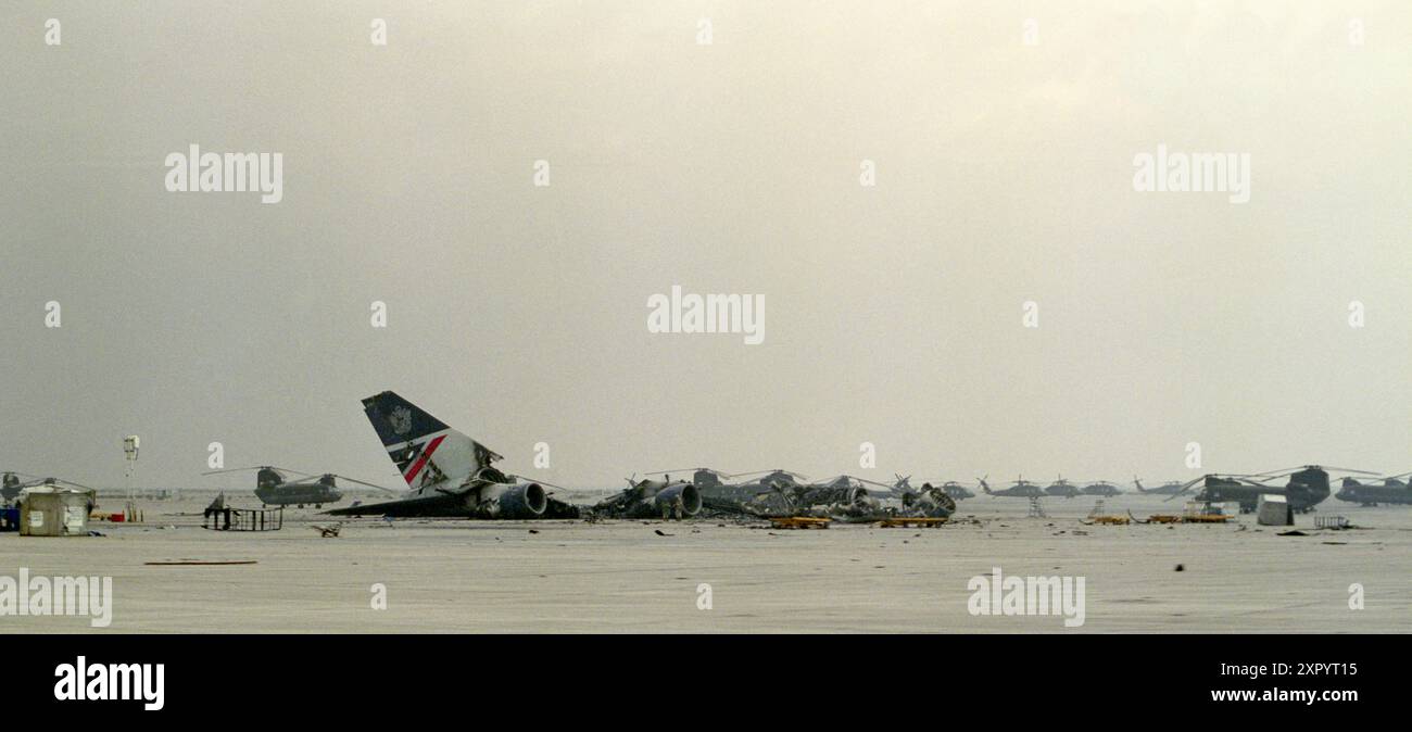 First Gulf War: 6th March 1991 The wreckage of British Airways Flight 149 at the International Airport in Kuwait City. Stock Photo