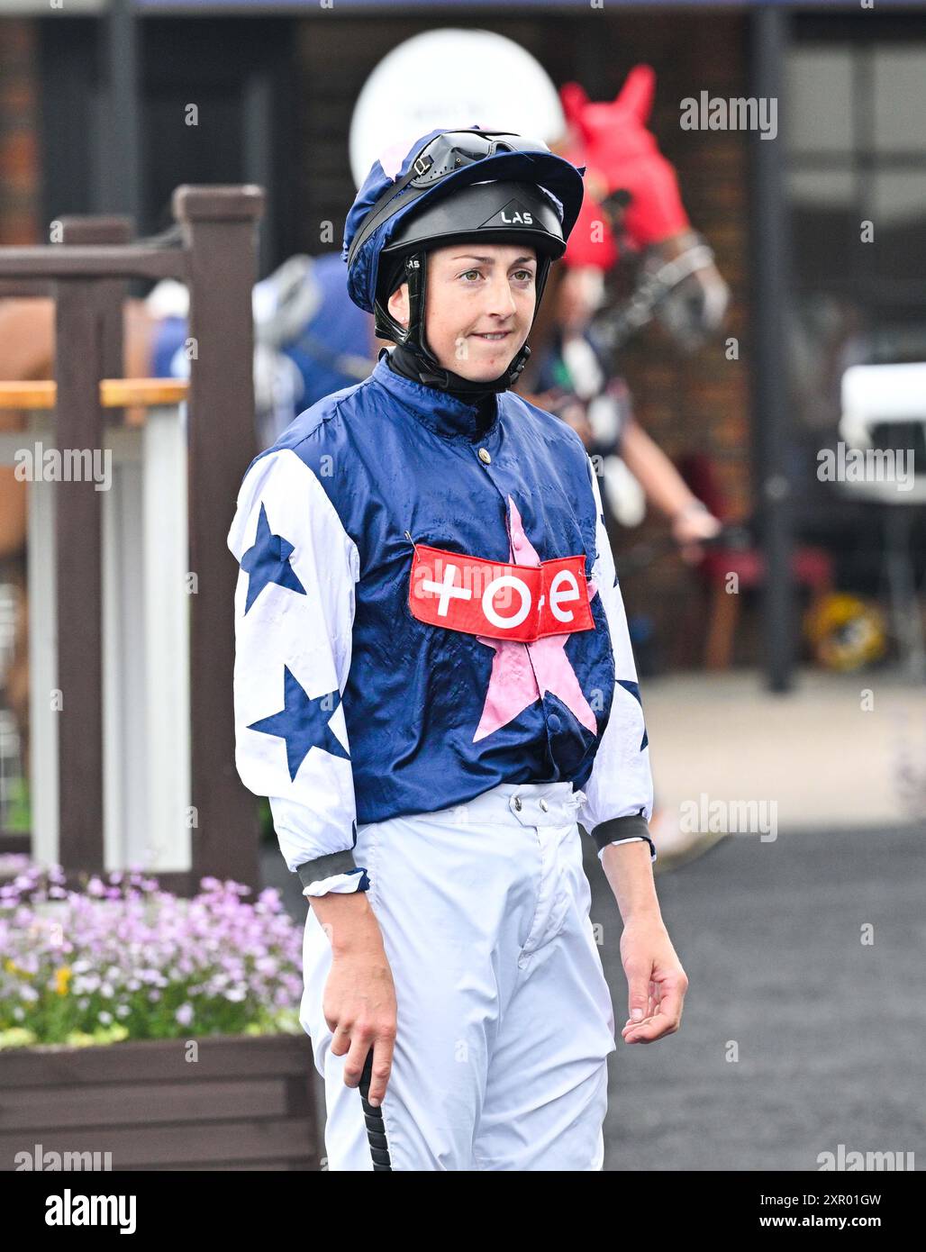 Brighton UK 8th August 2024 Jockey Gina Mangan was riding Macs Dilemma in the first race at the Brighton Festival of Racing Ladies Day on a blustery afternoon along the South