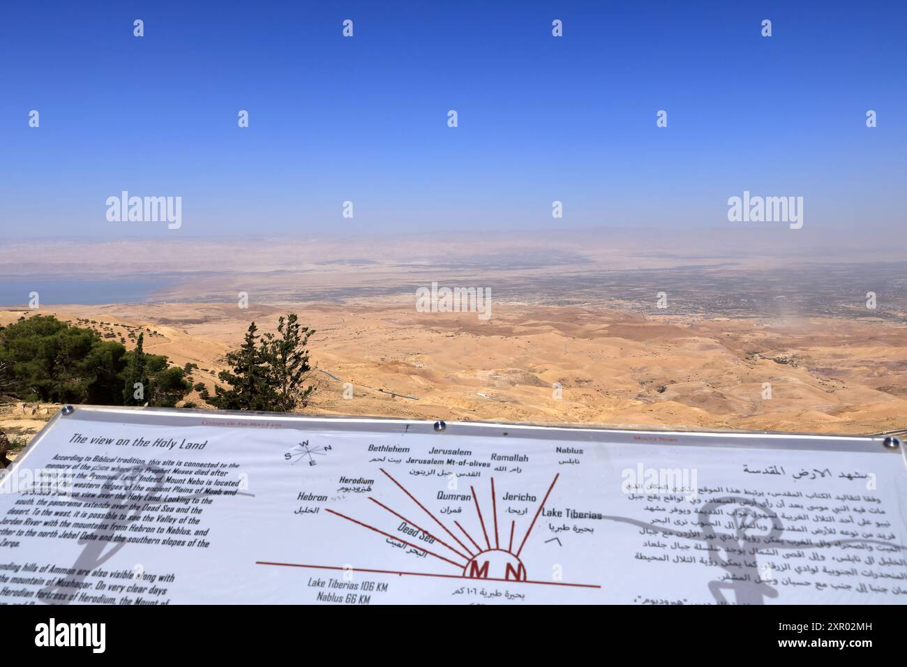 the desert mountain landscape (aerial view from Mount Nebo) and plaque showing the distance from Mount Nebo to various locations, Jordan, Middle East Stock Photo