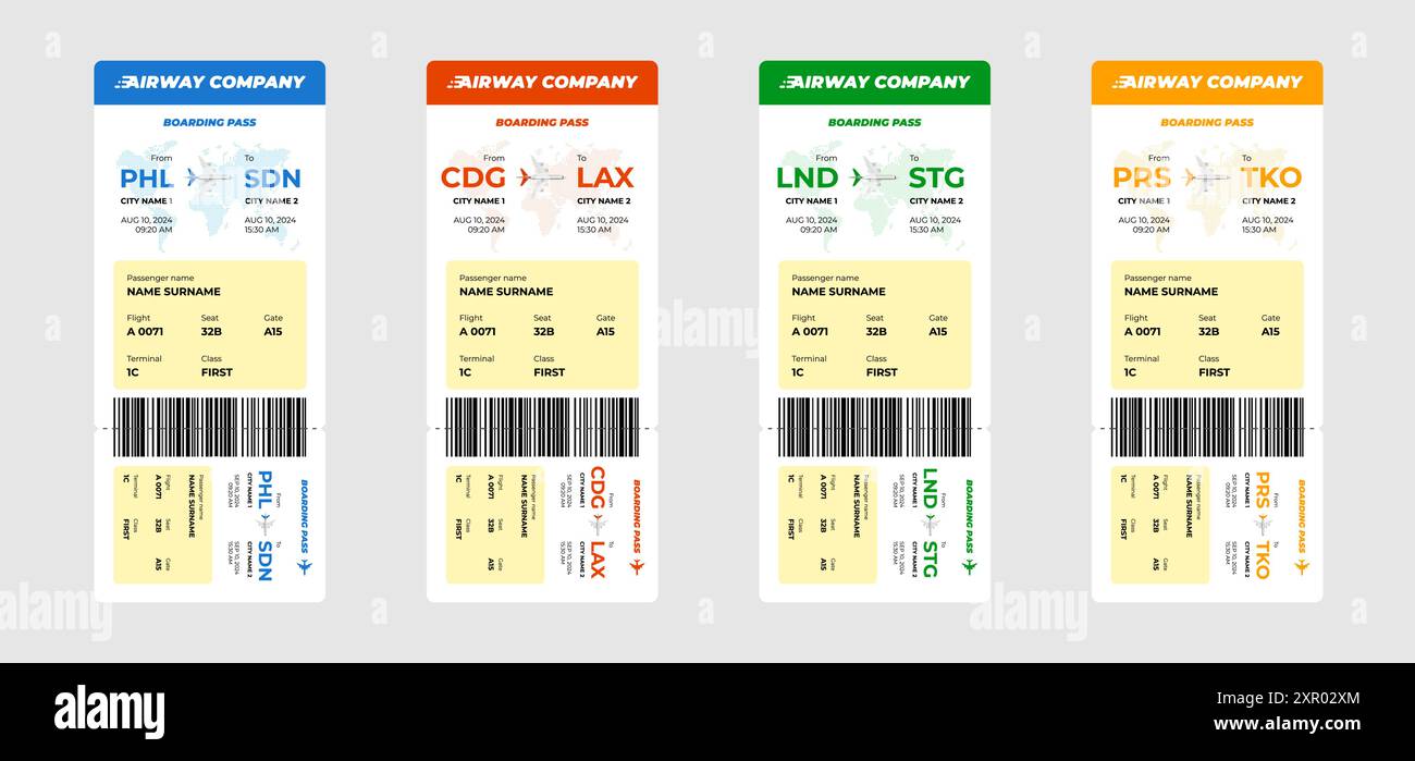 Airline ticket and airplane boarding pass vertical design template set ...