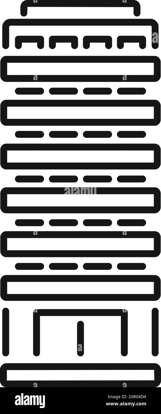Simple black and white icon of a tall building with many floors ...