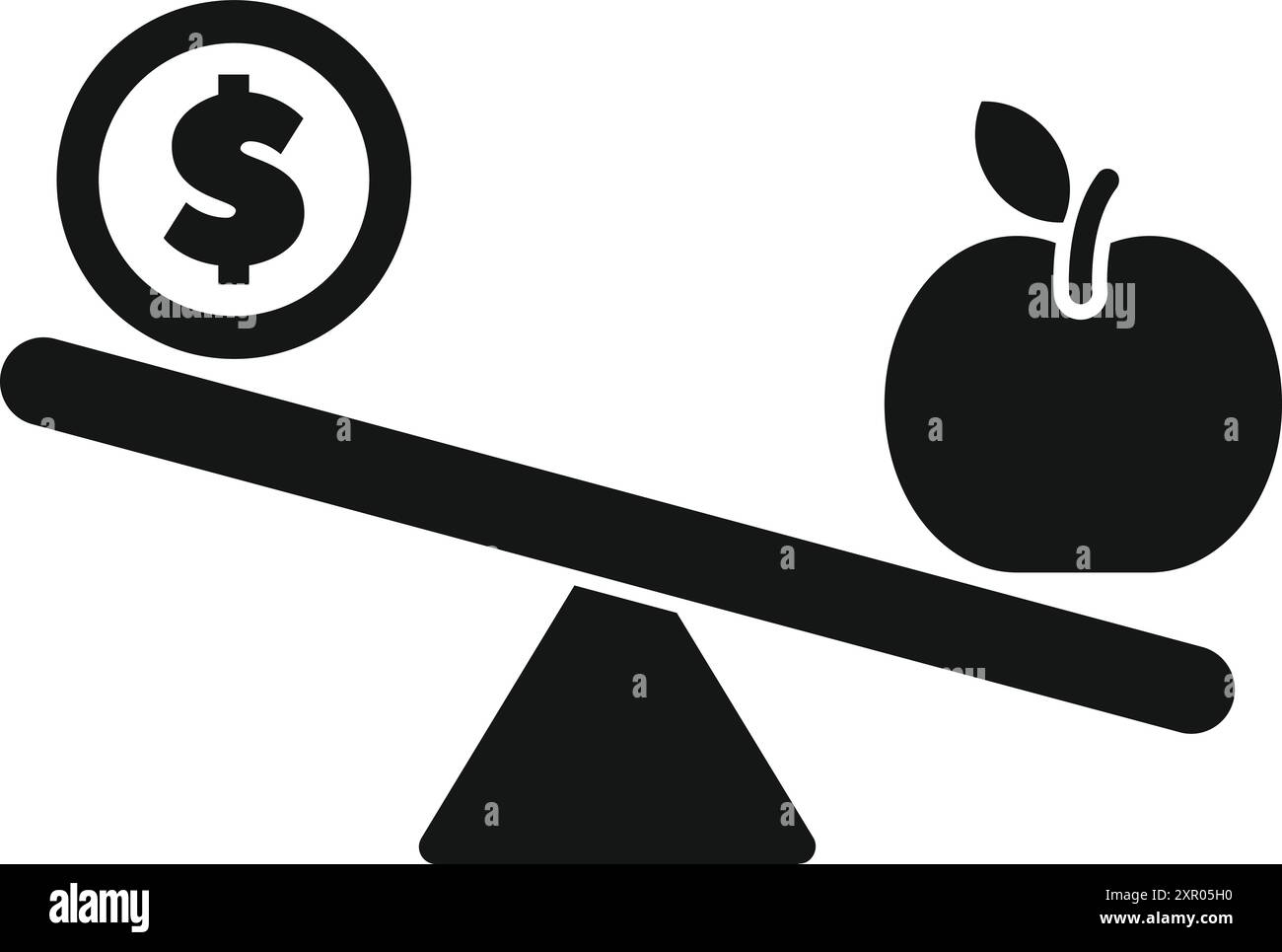Simple black and white icon of a seesaw balancing food and money ...