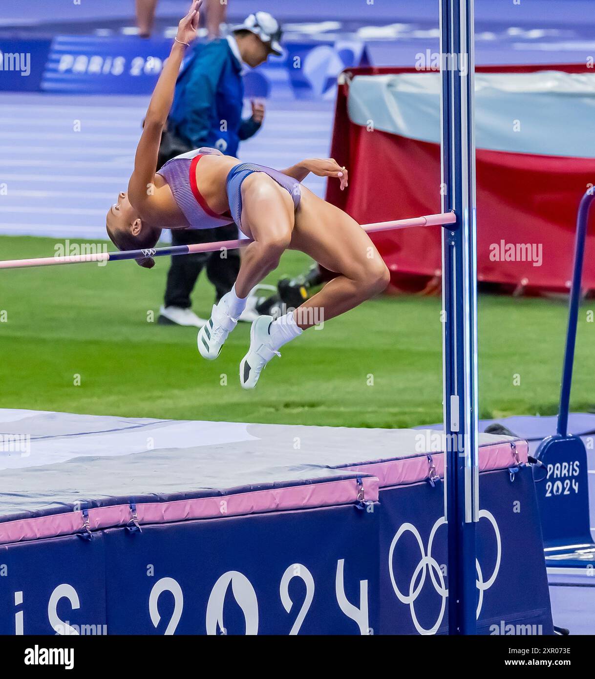 Paris, Ile de France, France. 8th Aug, 2024. ANNA HALL (USA) of the United States, competes in the Women's Heptathlon High Jump at the Stade de France Stadium during the 2024 Paris Summer Olympics in Paris, France. (Credit Image: © Walter Arce/ZUMA Press Wire) EDITORIAL USAGE ONLY! Not for Commercial USAGE! Stock Photo