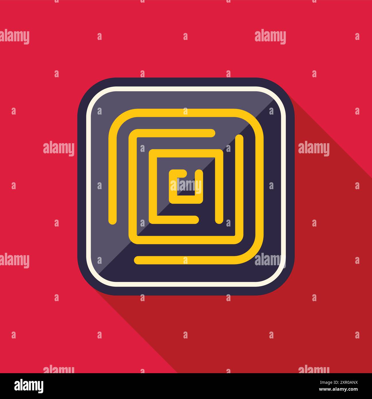 Yellow square labyrinth inside a rounded square with long shadow over red background Stock Vector